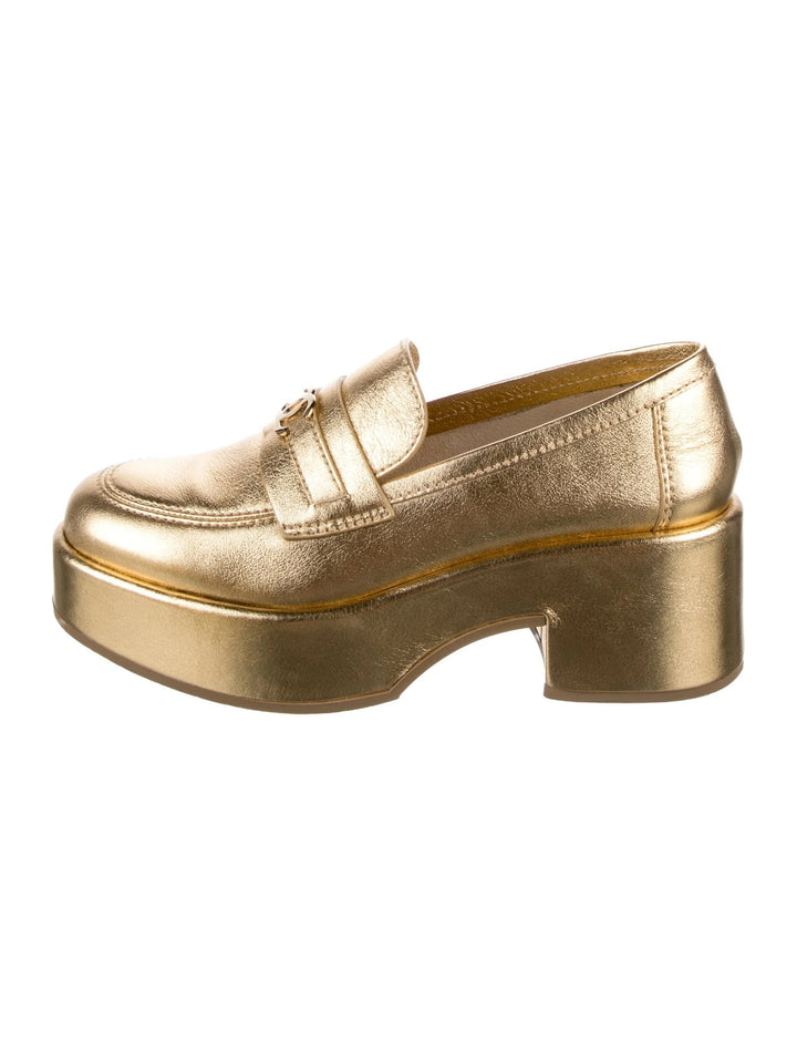 CHANEL CC METALLIC GOLD CALFSKIN LEATHER PLATFORM LOAFERS