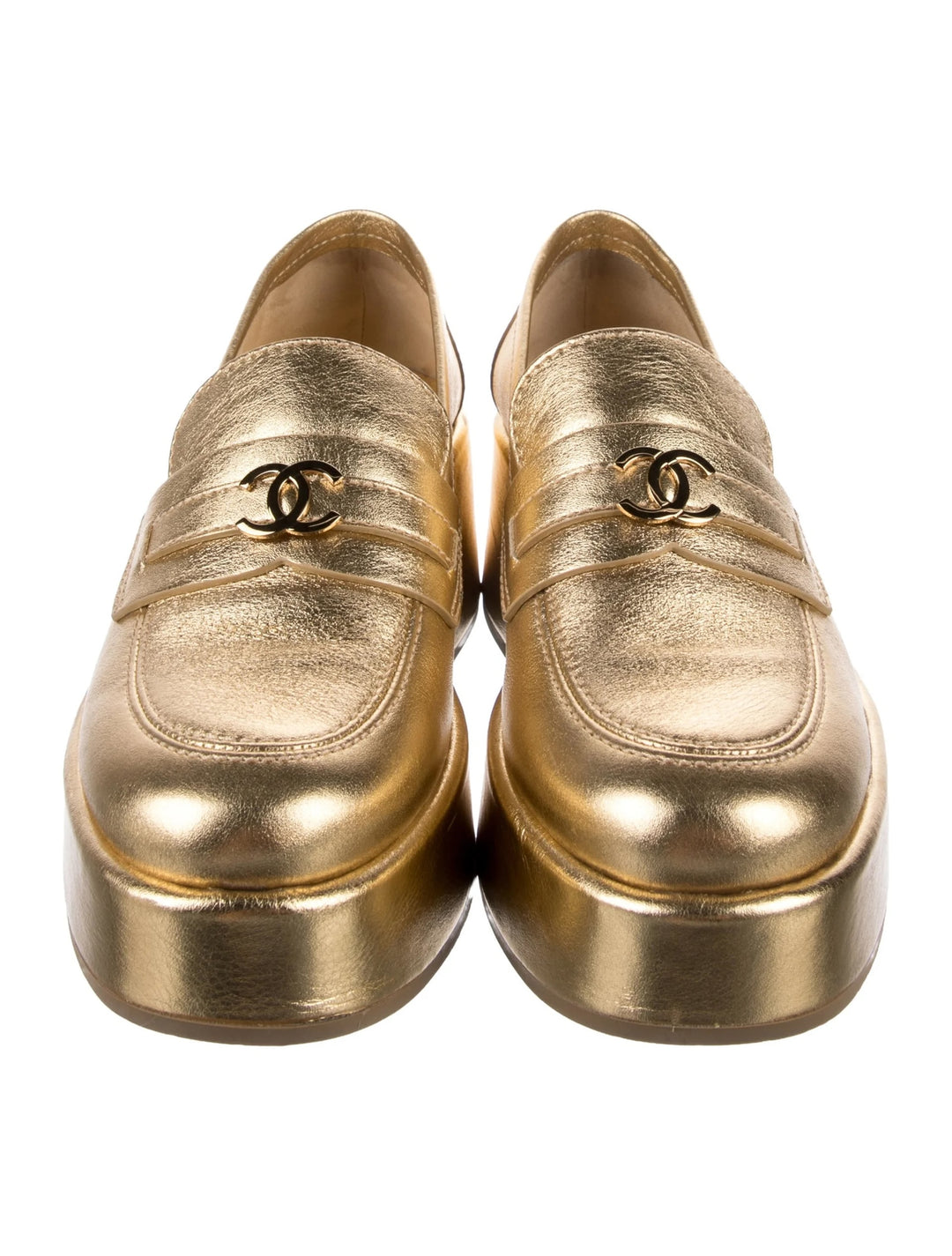 CHANEL CC METALLIC GOLD CALFSKIN LEATHER PLATFORM LOAFERS