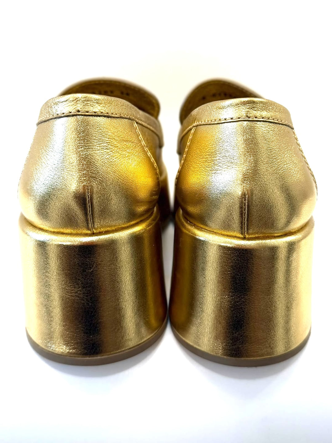 CHANEL CC METALLIC GOLD CALFSKIN LEATHER PLATFORM LOAFERS