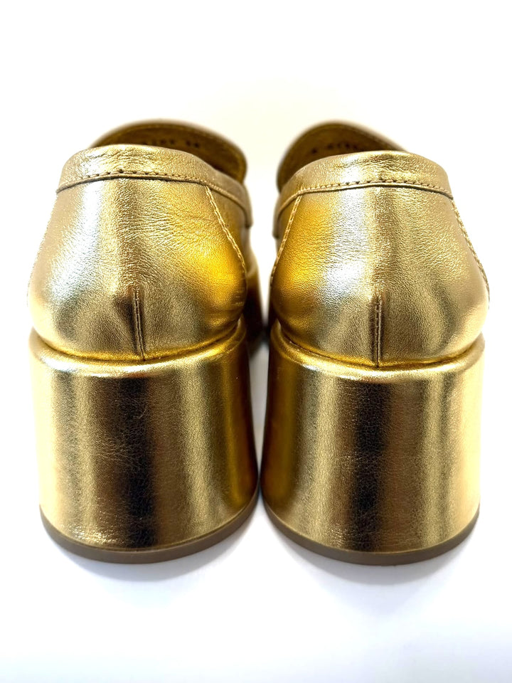CHANEL CC METALLIC GOLD CALFSKIN LEATHER PLATFORM LOAFERS