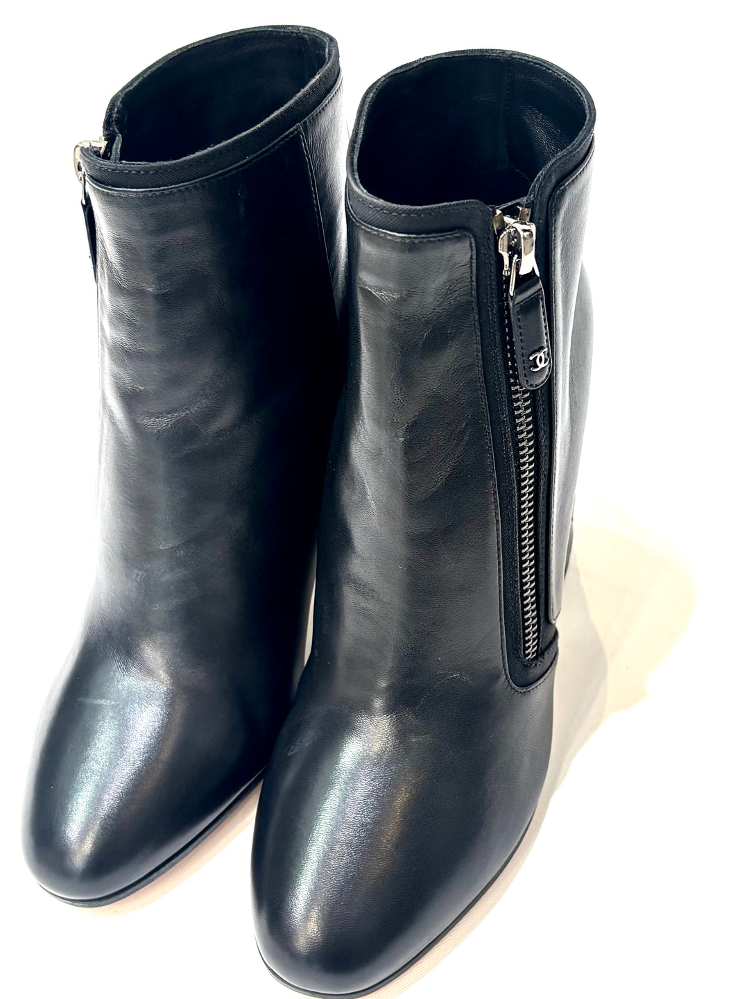 CHANEL CC SIGNATURE QUILTED HEEL LAMBSKIN LEATHER ANKLE BOOTS