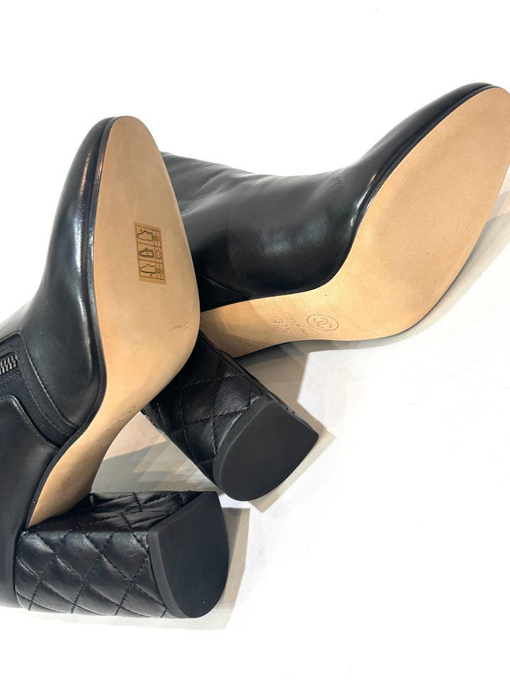 CHANEL CC SIGNATURE QUILTED HEEL LAMBSKIN LEATHER ANKLE BOOTS