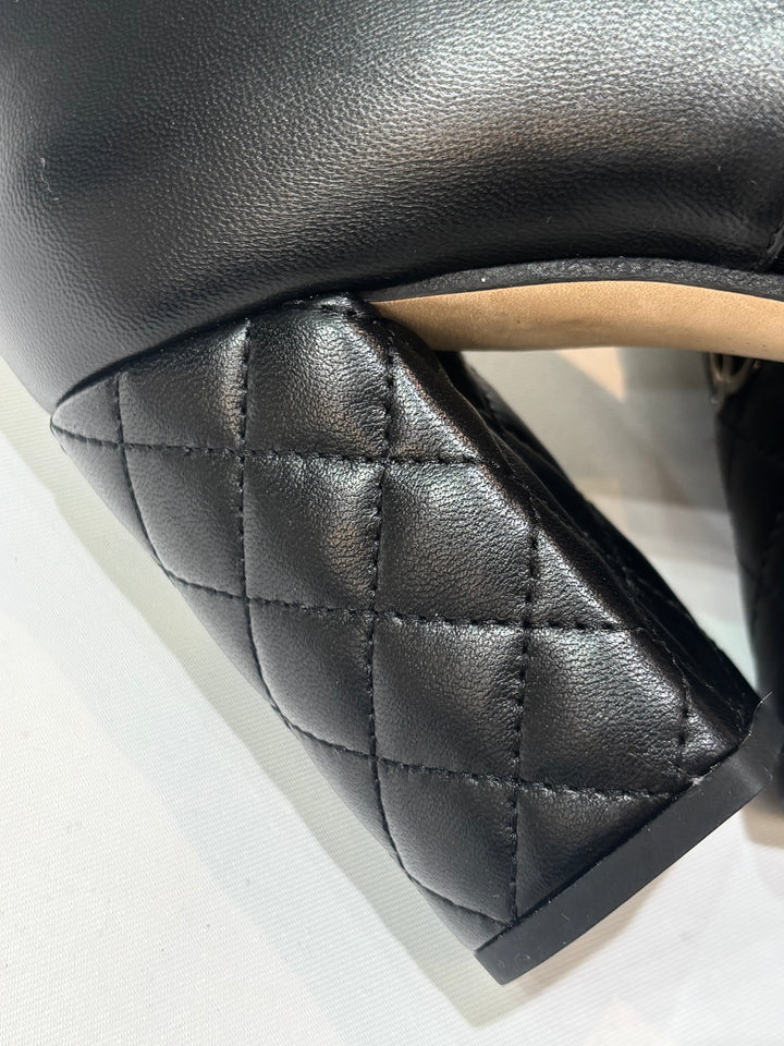 CHANEL CC SIGNATURE QUILTED HEEL LAMBSKIN LEATHER ANKLE BOOTS
