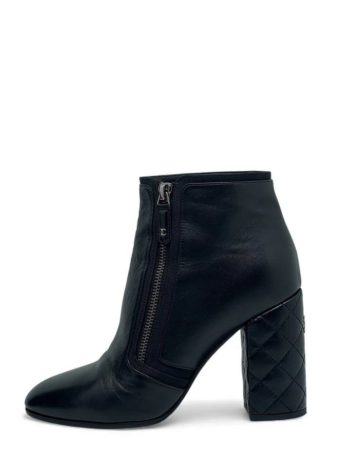 CHANEL CC SIGNATURE QUILTED HEEL LAMBSKIN LEATHER ANKLE BOOTS