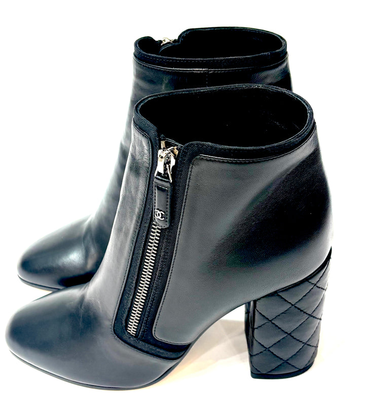 CHANEL CC SIGNATURE QUILTED HEEL LAMBSKIN LEATHER ANKLE BOOTS