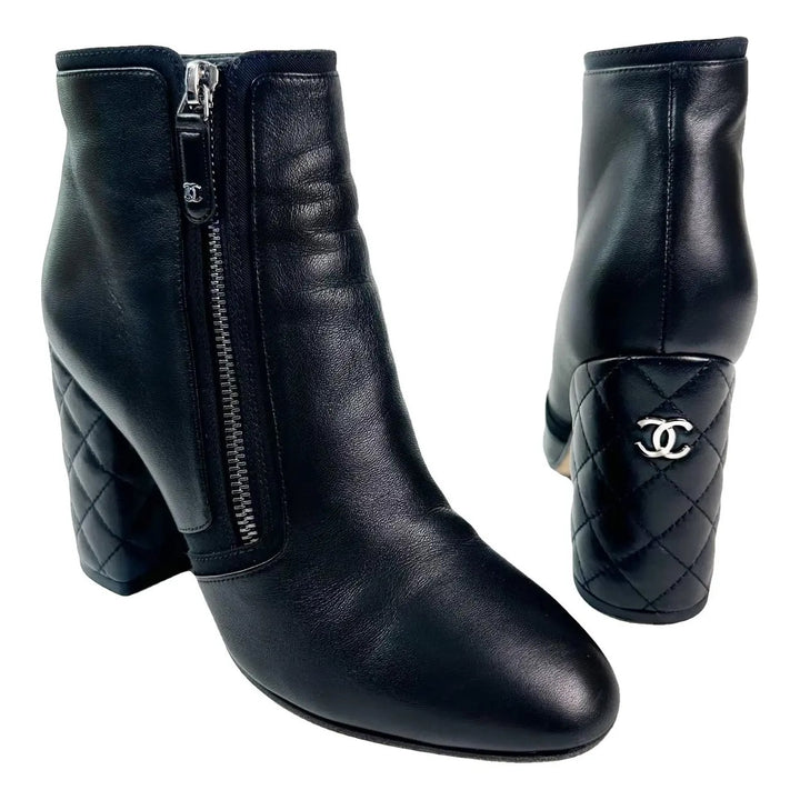 CHANEL CC SIGNATURE QUILTED HEEL LAMBSKIN LEATHER ANKLE BOOTS
