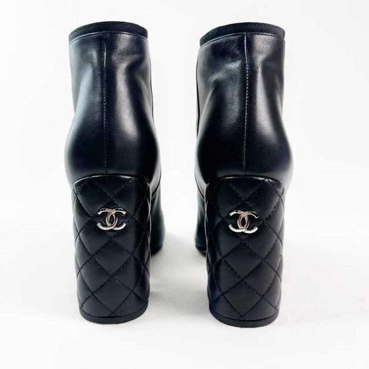 CHANEL CC SIGNATURE QUILTED HEEL LAMBSKIN LEATHER ANKLE BOOTS