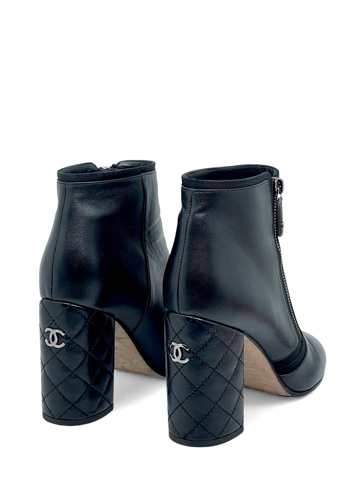 CHANEL CC SIGNATURE QUILTED HEEL LAMBSKIN LEATHER ANKLE BOOTS