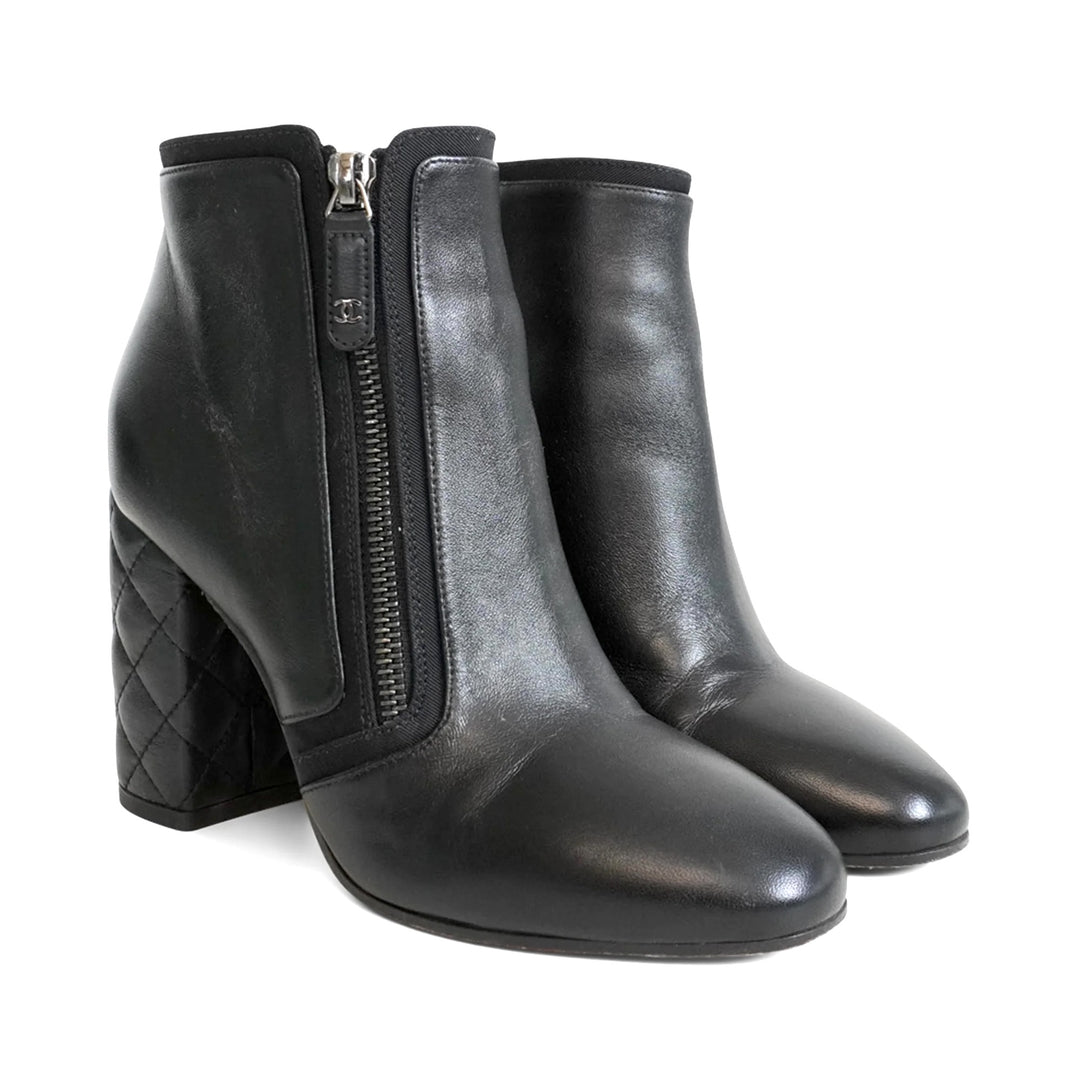 CHANEL CC SIGNATURE QUILTED HEEL LAMBSKIN LEATHER ANKLE BOOTS