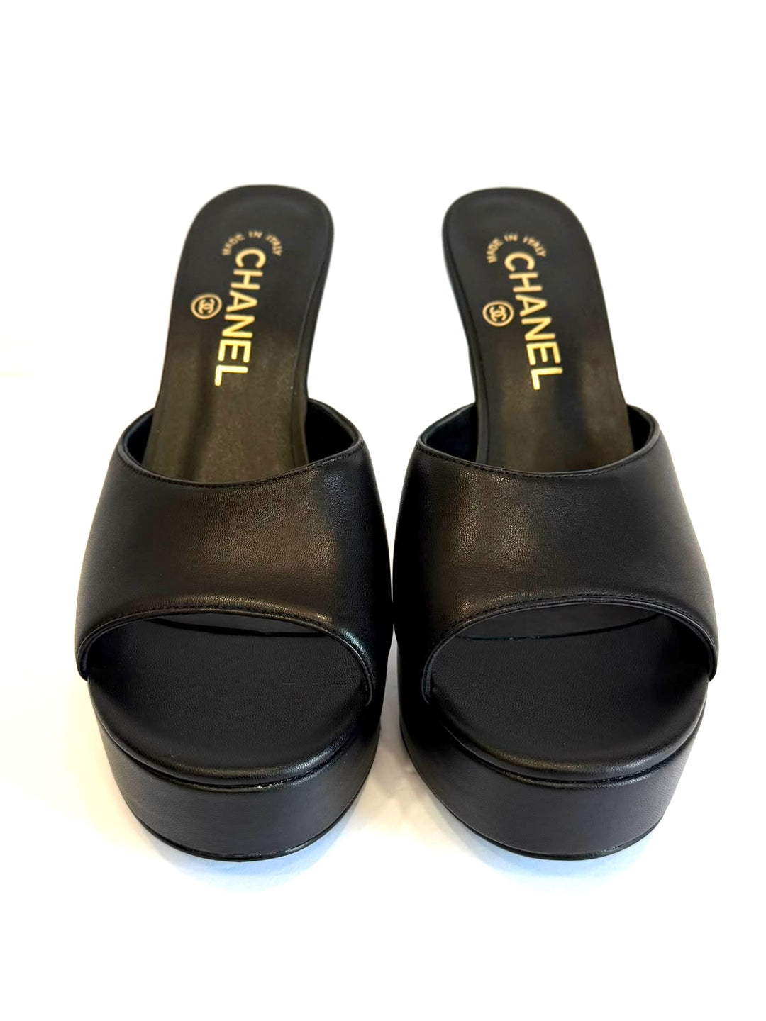 CHANEL CALFSKIN LEATHER PLATFORM HEELED MULES