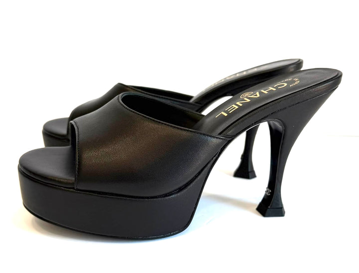 CHANEL CALFSKIN LEATHER PLATFORM HEELED MULES