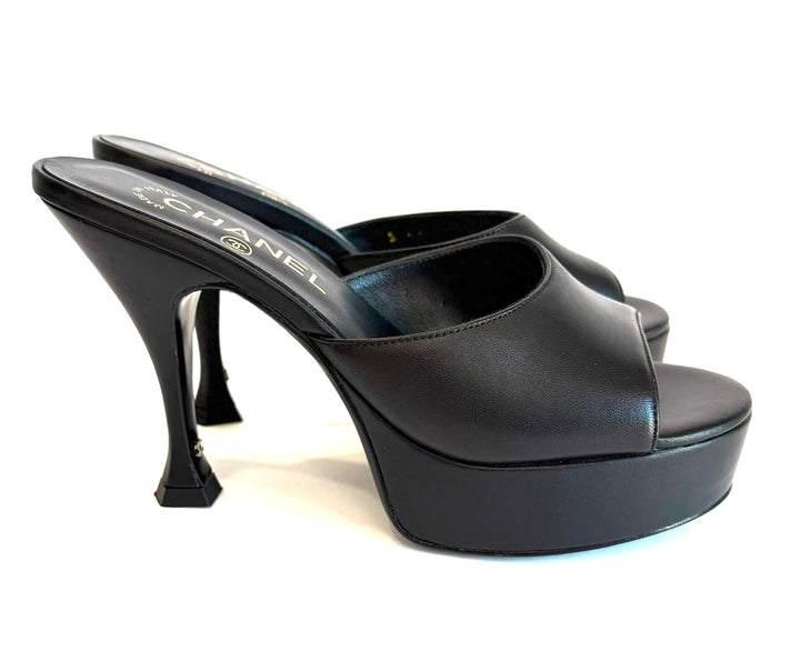 CHANEL CALFSKIN LEATHER PLATFORM HEELED MULES
