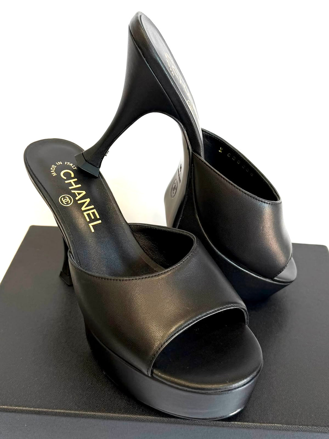 CHANEL CALFSKIN LEATHER PLATFORM HEELED MULES