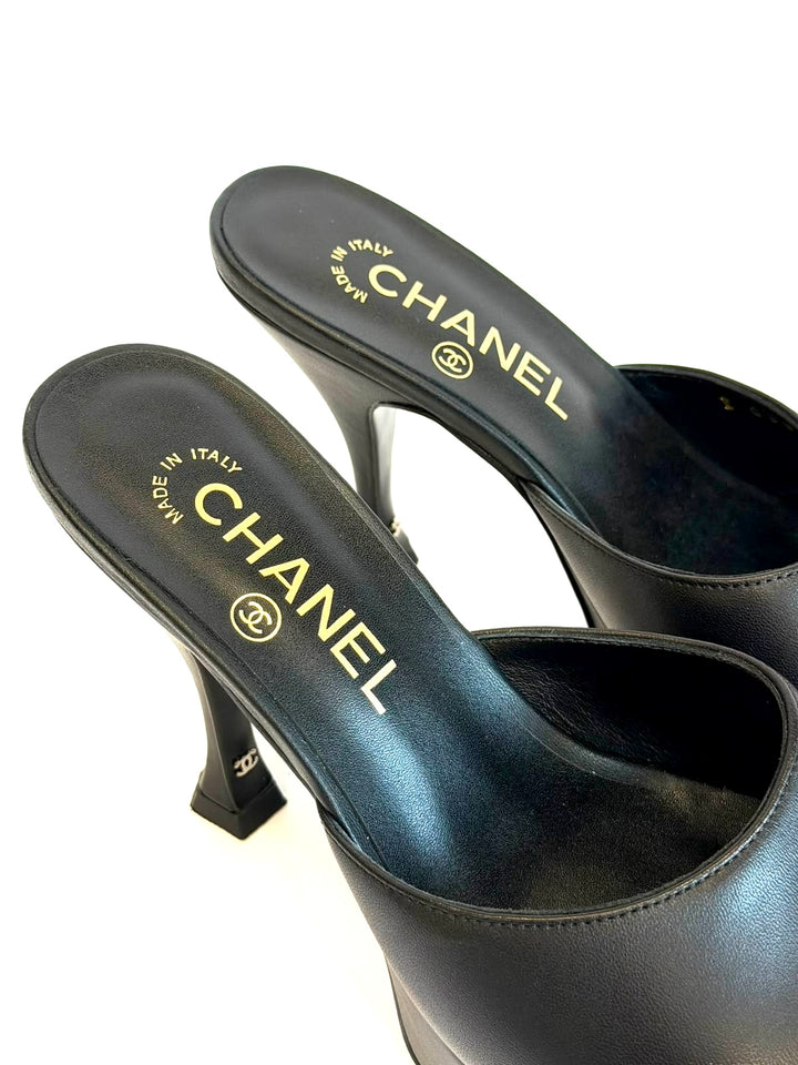 CHANEL CALFSKIN LEATHER PLATFORM HEELED MULES