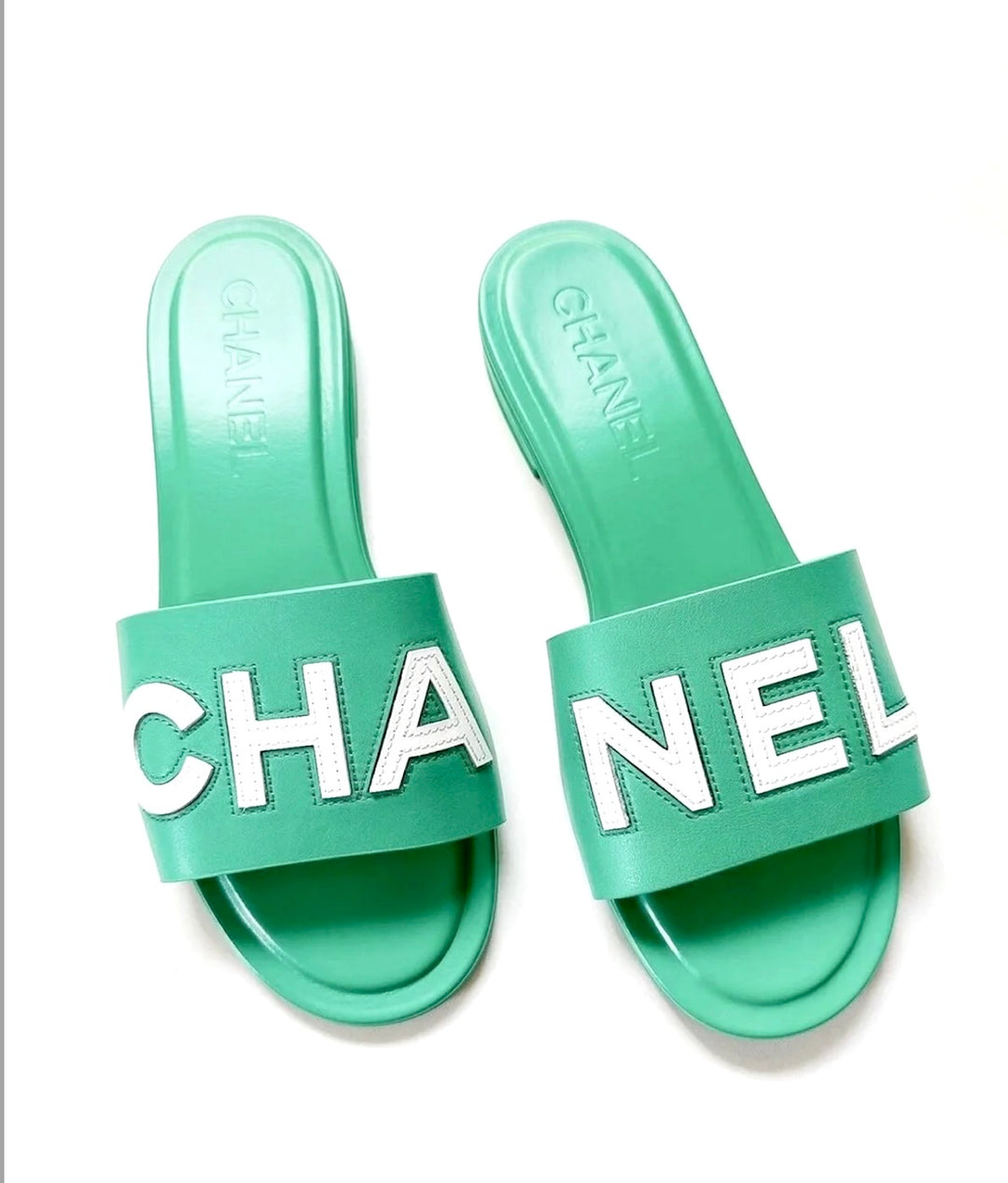 CHANEL CHA NEL LOGO CALFSKIN LEATHER &amp;  PATENT CALF MULES