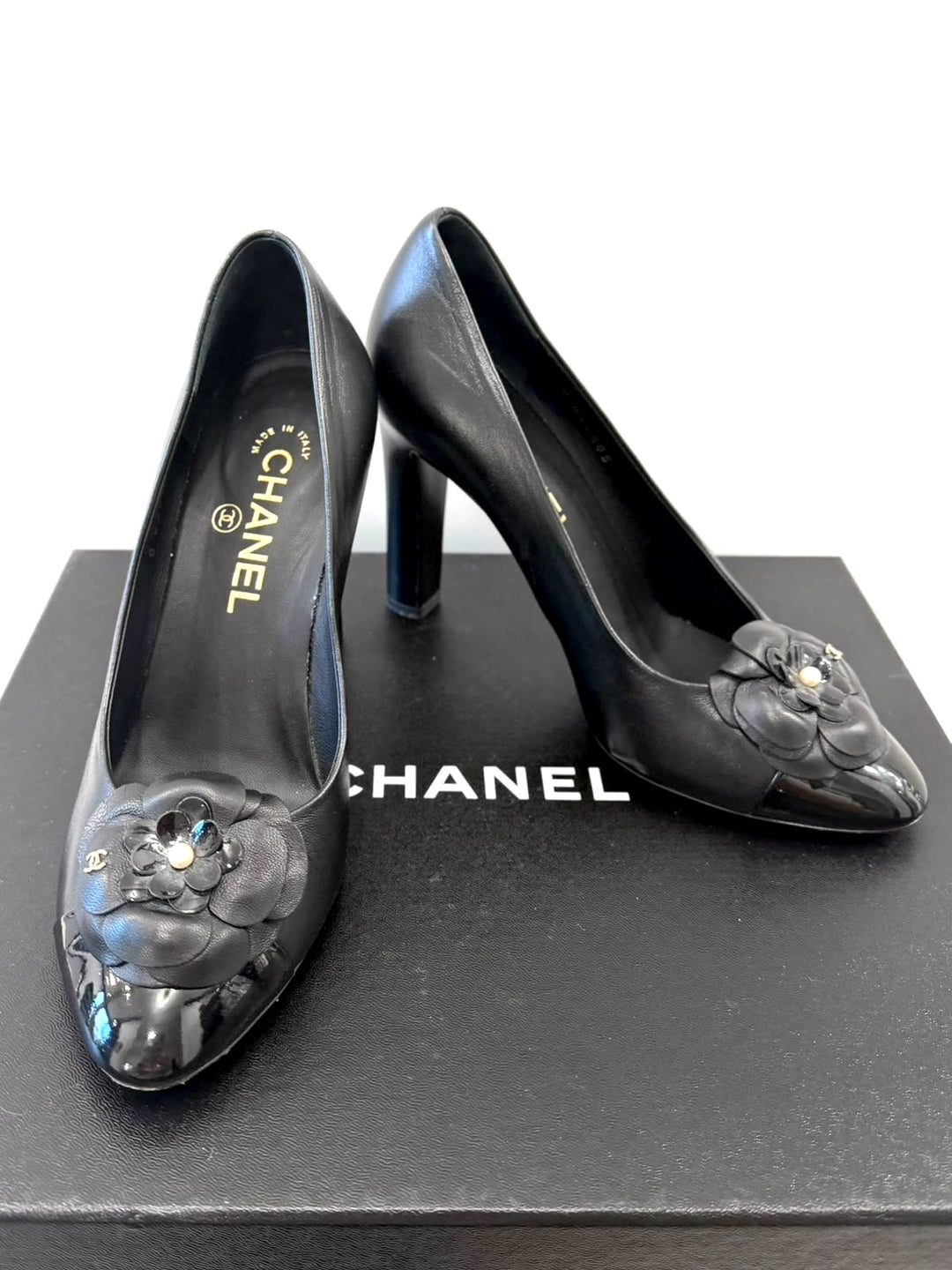 CHANEL CAMELIA CC CALFSKIN LEATHER PUMPS