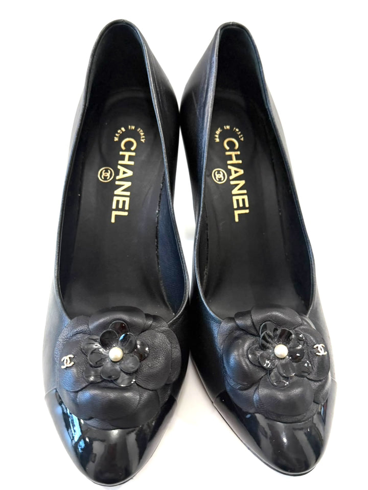 CHANEL CAMELIA CC CALFSKIN LEATHER PUMPS