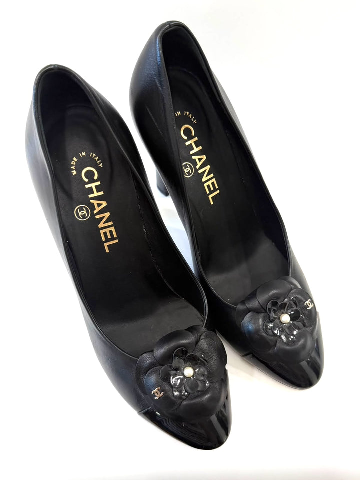 CHANEL CAMELIA CC CALFSKIN LEATHER PUMPS