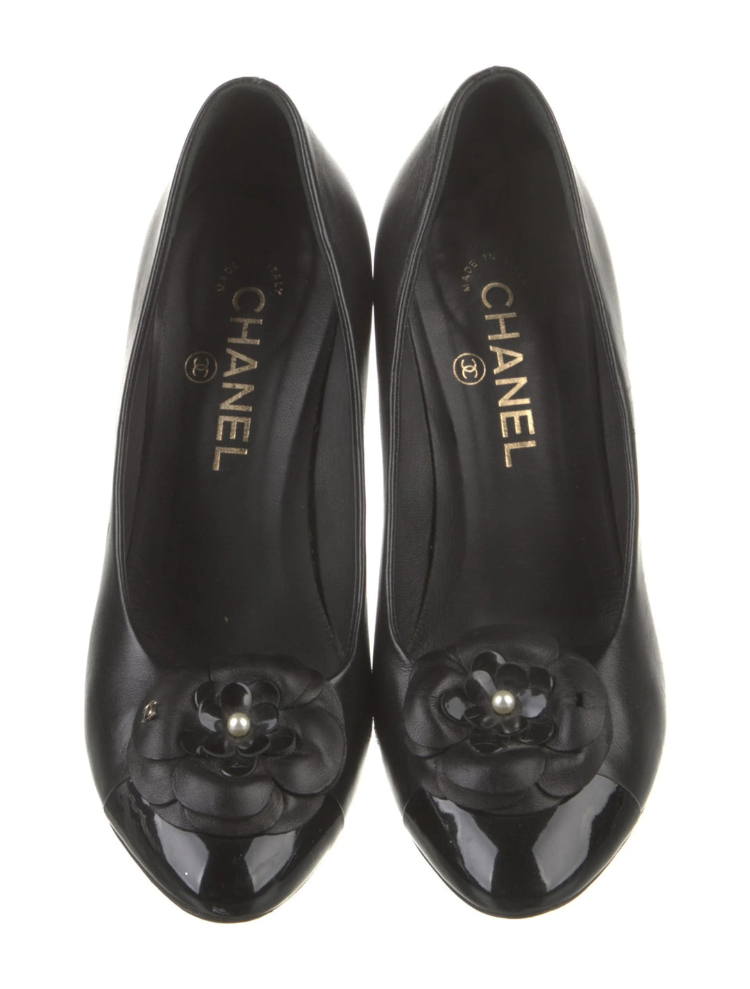 CHANEL CAMELIA CC CALFSKIN LEATHER PUMPS