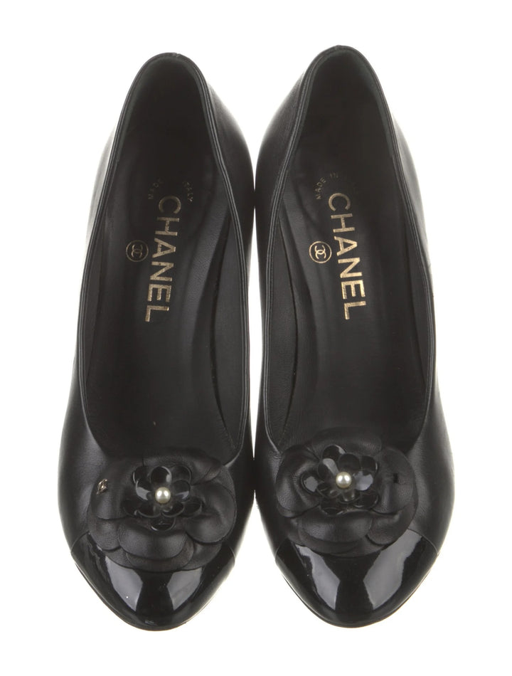 CHANEL CAMELIA CC CALFSKIN LEATHER PUMPS