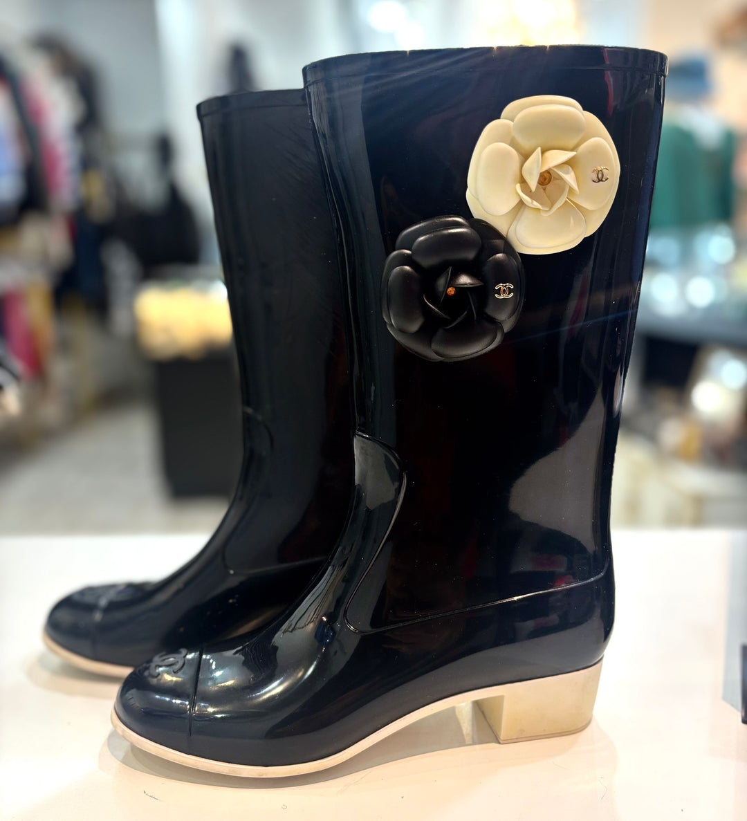 CHANEL VINTAGE CAMELLIA RUBBER RAIN BOOTS