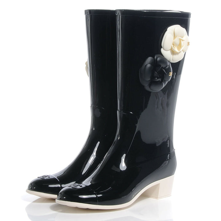 CHANEL VINTAGE CAMELLIA RUBBER RAIN BOOTS