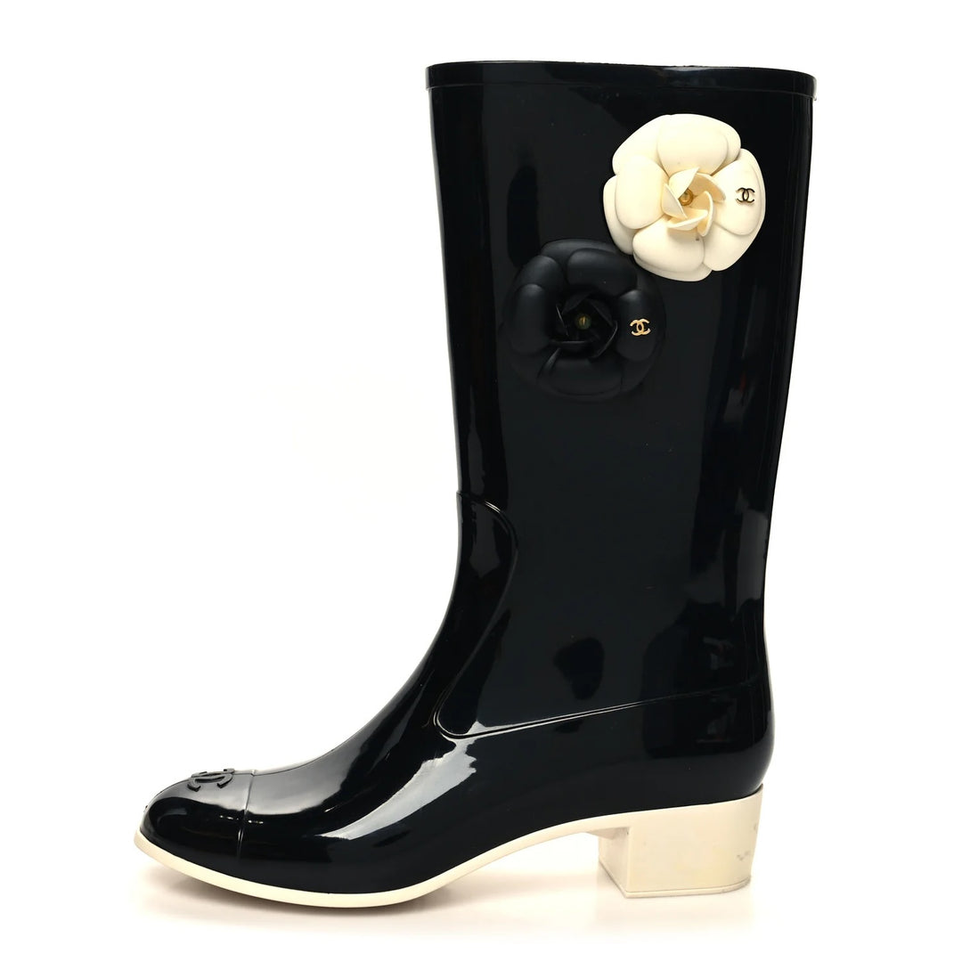 CHANEL VINTAGE CAMELLIA RUBBER RAIN BOOTS