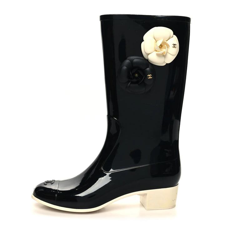 CHANEL VINTAGE CAMELLIA RUBBER RAIN BOOTS