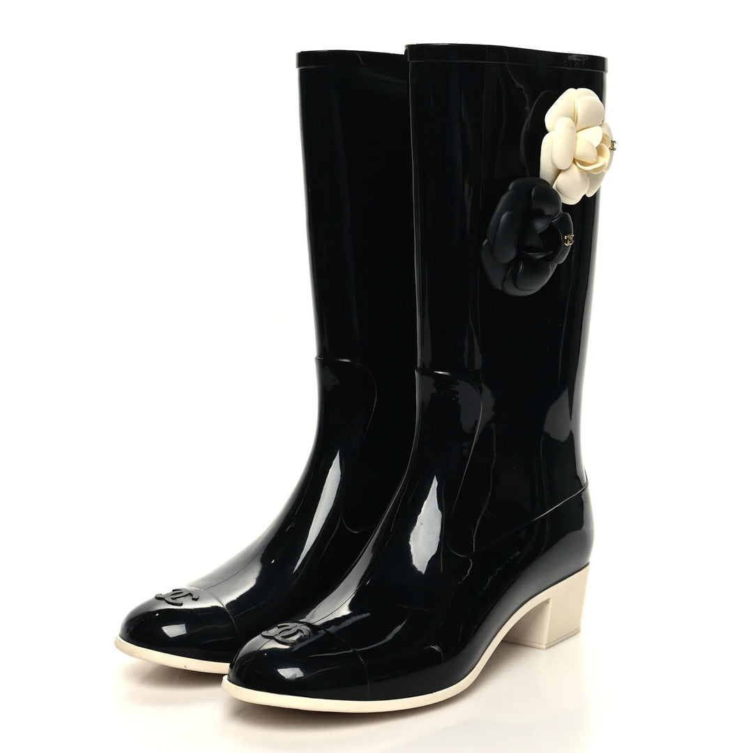 CHANEL VINTAGE CAMELLIA RUBBER RAIN BOOTS