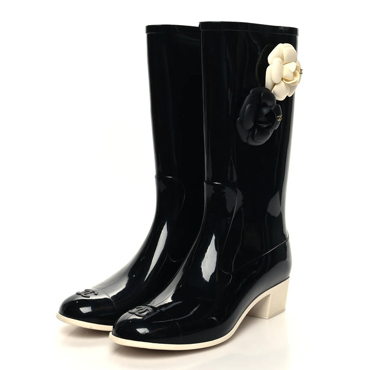 CHANEL VINTAGE CAMELLIA RUBBER RAIN BOOTS