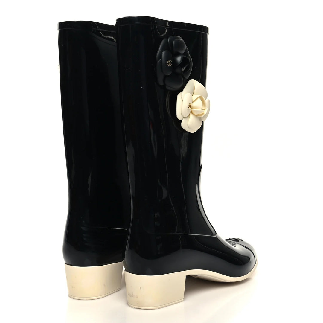 CHANEL VINTAGE CAMELLIA RUBBER RAIN BOOTS