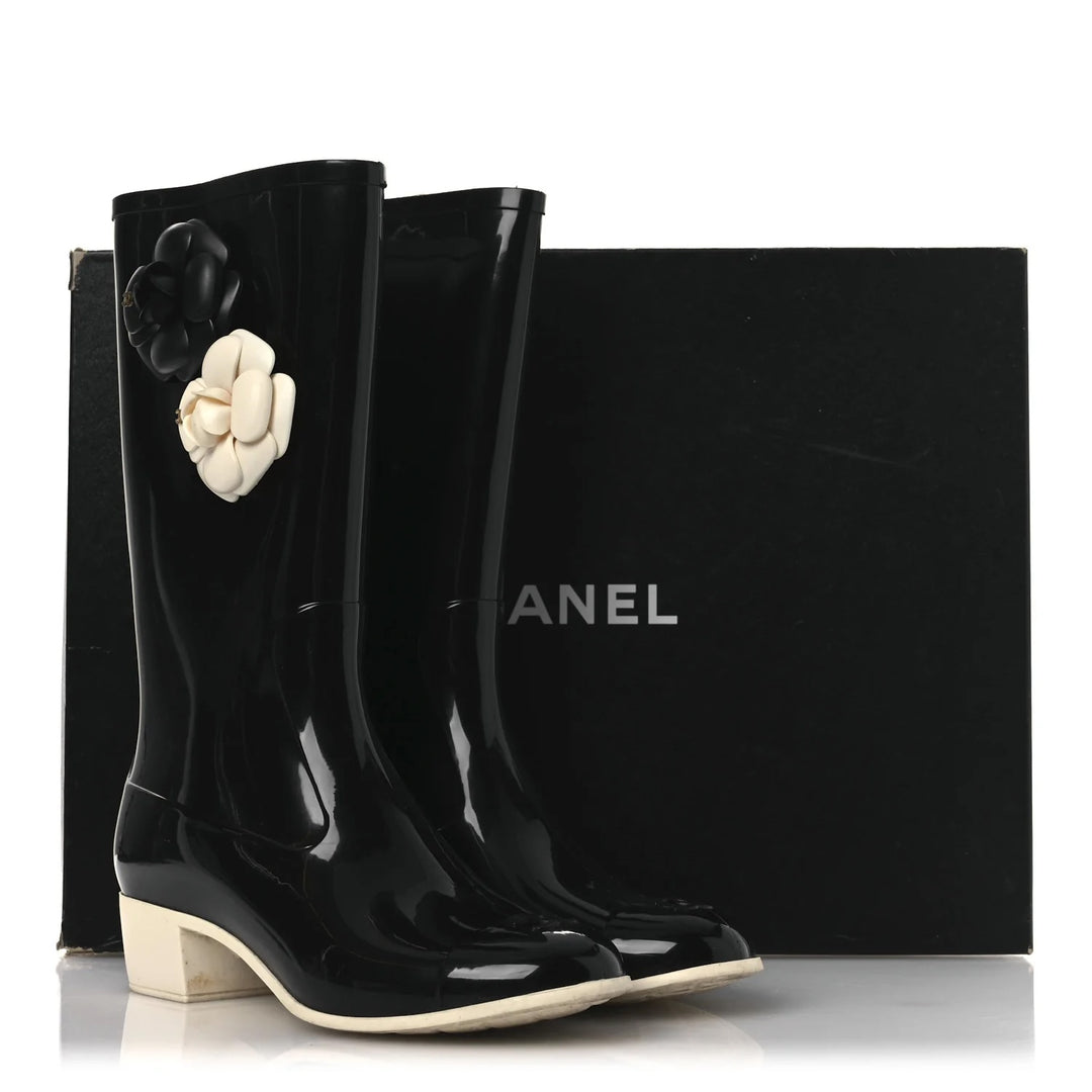 CHANEL VINTAGE CAMELLIA RUBBER RAIN BOOTS