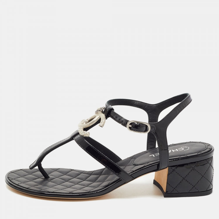 CHANEL PATENT LEATHER QUILTED CC CAMELLIA SANDALS