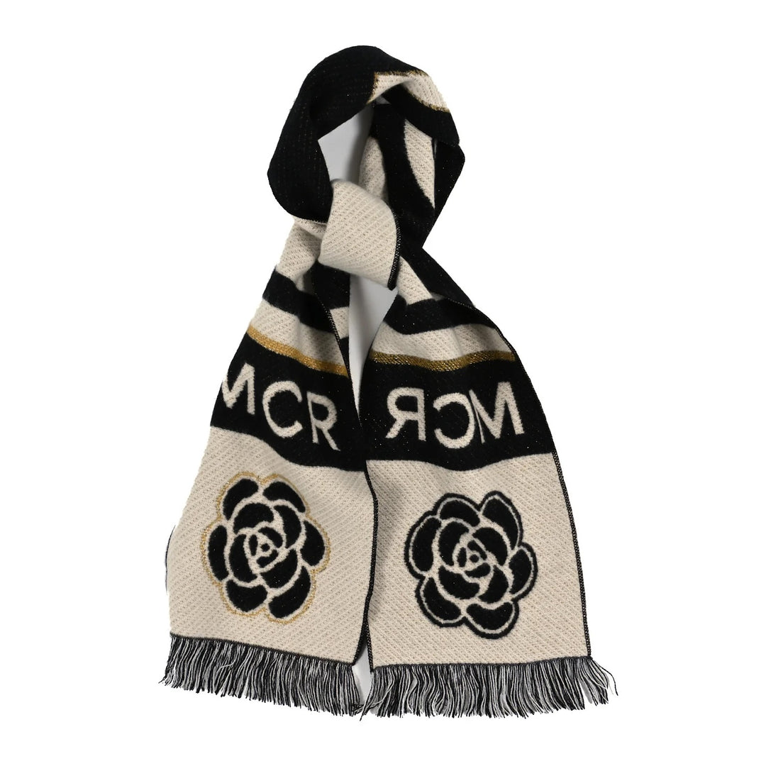 CHANEL CASHMERE WOOL MANCHESTER CAMELLIA FRINGE SCARF