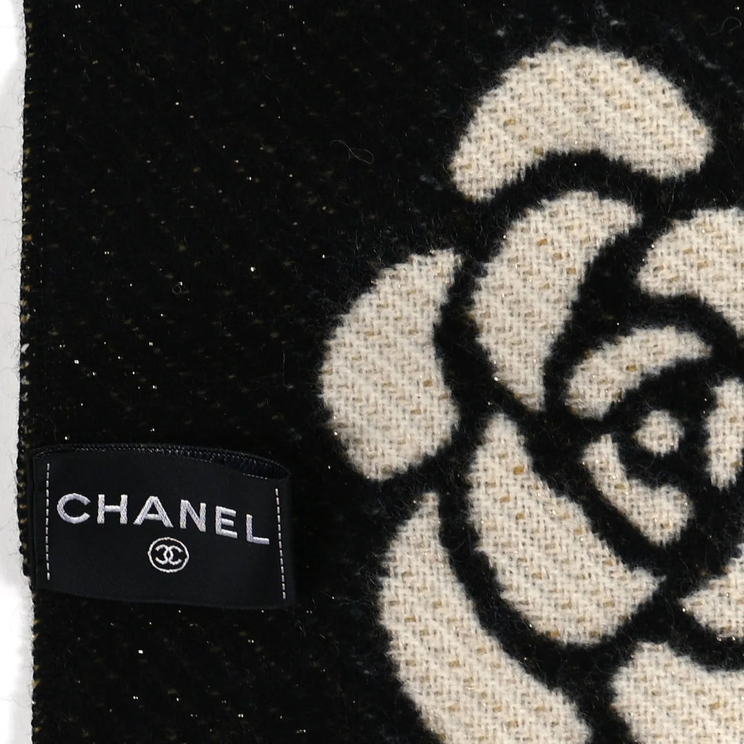 CHANEL CASHMERE WOOL MANCHESTER CAMELLIA FRINGE SCARF