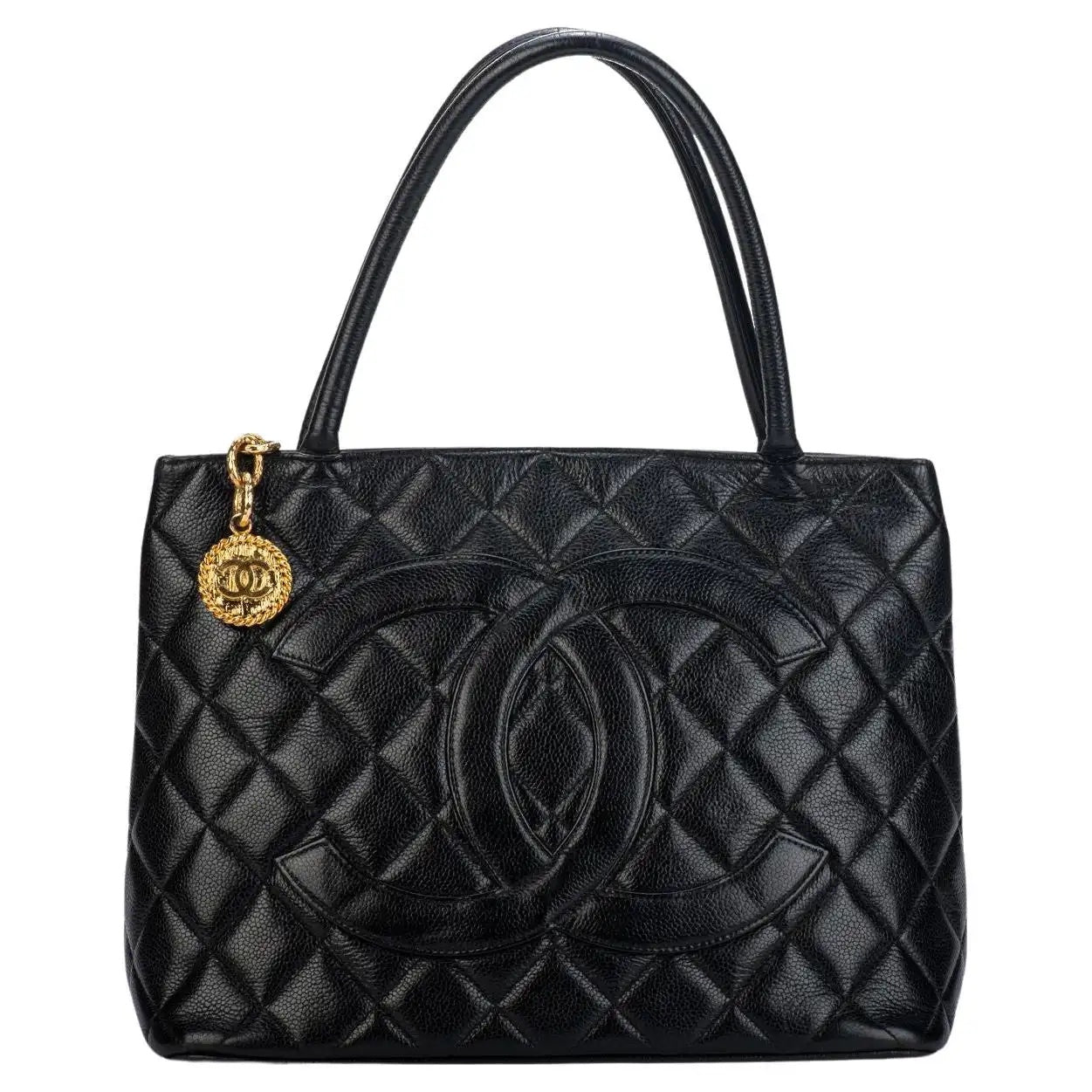 Vintage Black Caviar Medallion Tote with Gold Hardware — Luxxedition
