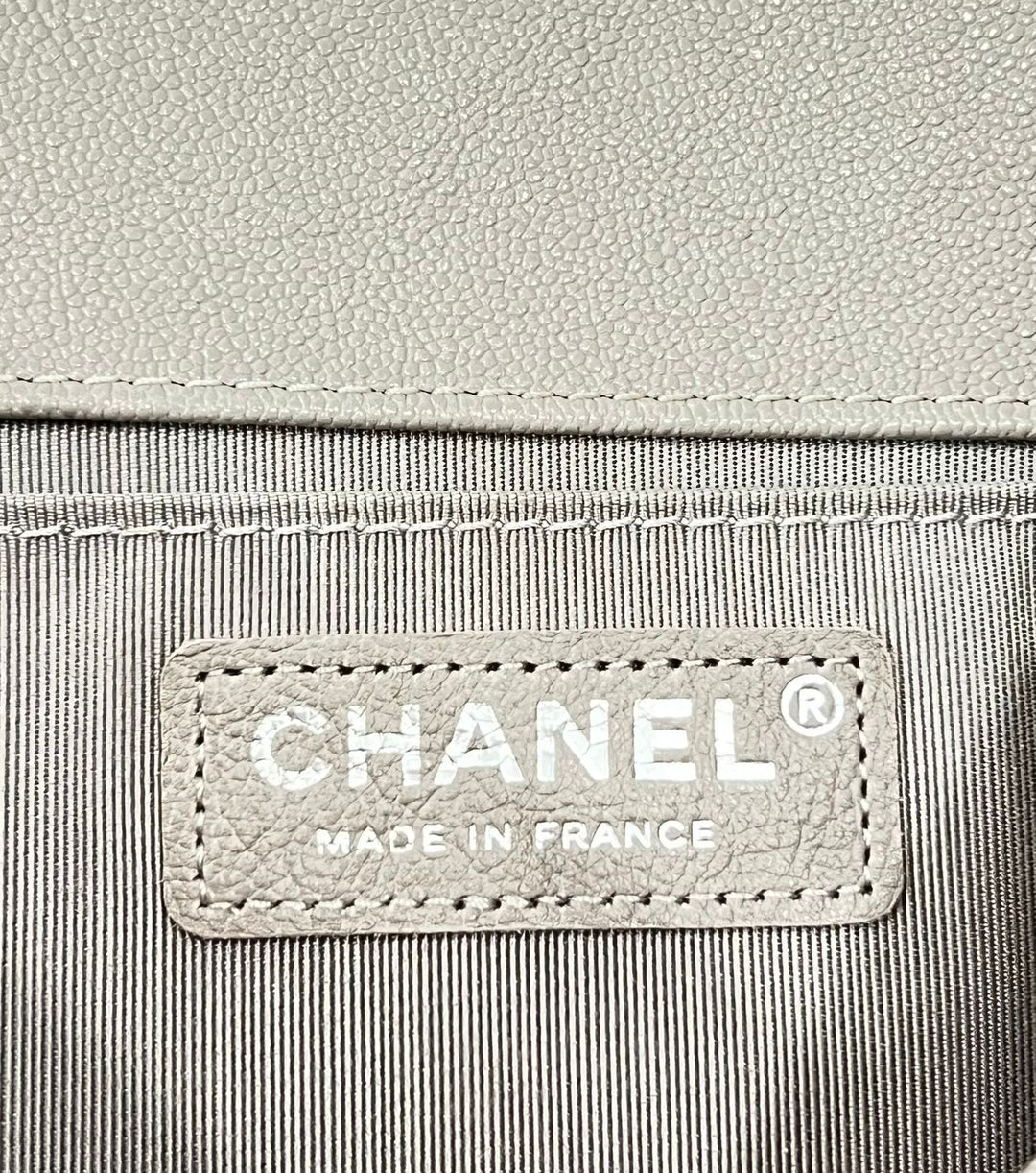 CHANEL CAVIAR QUILTED MEDIUM BOY FLAP BAG IN TAUPE-GREY