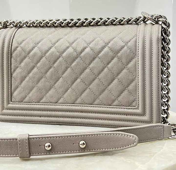 CHANEL CAVIAR QUILTED MEDIUM BOY FLAP BAG IN TAUPE-GREY