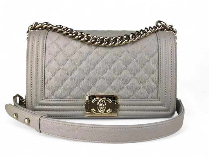 CHANEL CAVIAR QUILTED MEDIUM BOY FLAP BAG IN TAUPE-GREY
