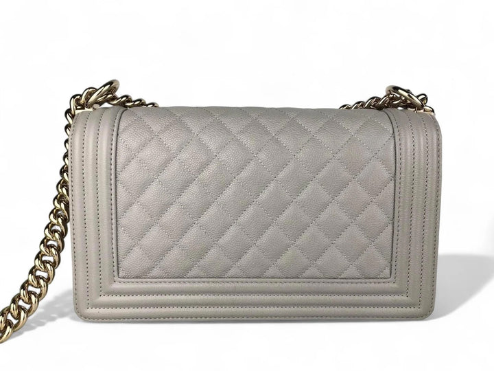 CHANEL CAVIAR QUILTED MEDIUM BOY FLAP BAG IN TAUPE-GREY