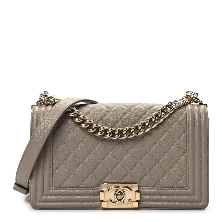 CHANEL CAVIAR QUILTED MEDIUM BOY FLAP BAG IN TAUPE-GREY