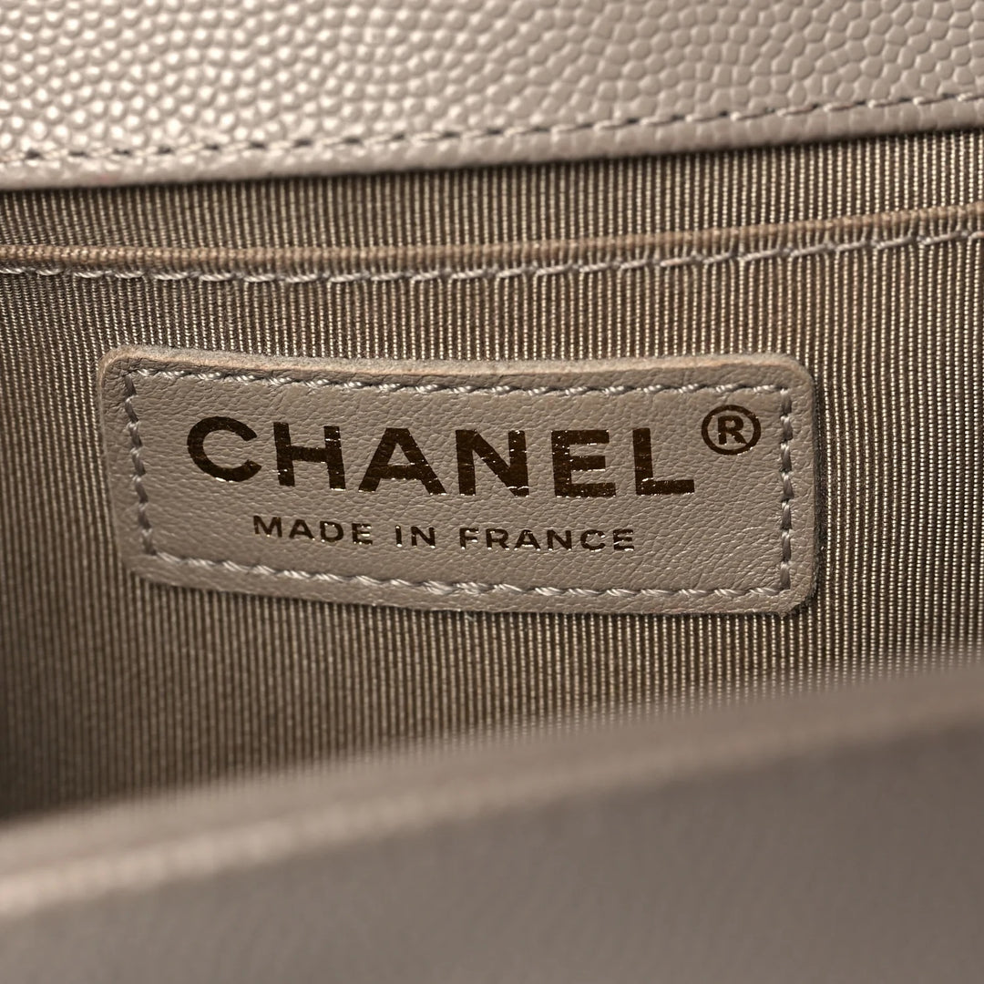 CHANEL CAVIAR QUILTED MEDIUM BOY FLAP BAG IN TAUPE-GREY