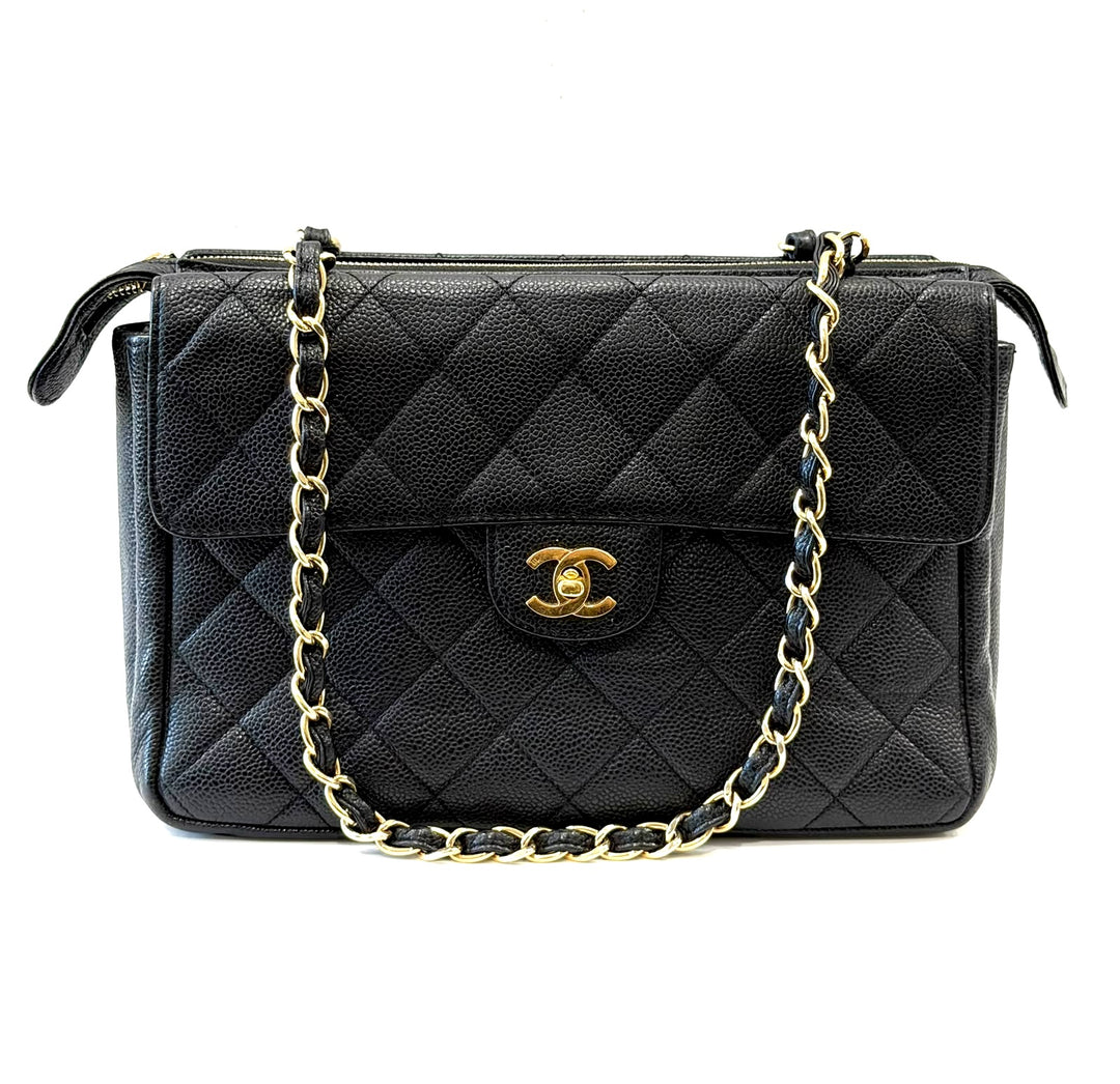 CHANEL CAVIAR QUILTED ZIP &amp; FLAP VINTAGE SHOULDER BAG