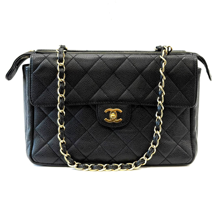 CHANEL CAVIAR QUILTED ZIP &amp; FLAP VINTAGE SHOULDER BAG
