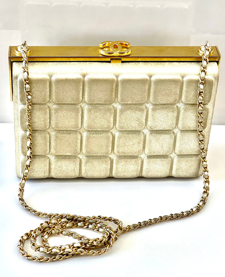 CHANEL CHOCO BAR METALLIC GOLD LEATHER SHOULDER BAG