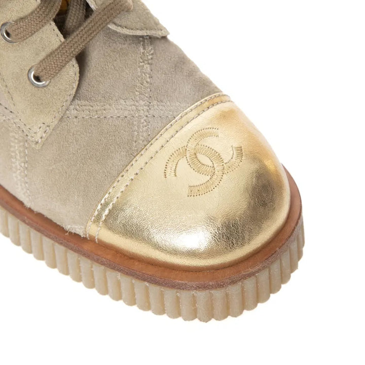 CHANEL QUILTED SUEDE METALLIC CALFSKIN VELVET COMBAT BOOTS
