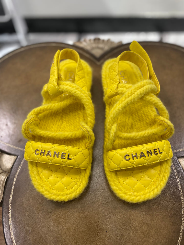 CHANEL QUILTED LOGO CORD &amp; LAMBSKIN SANDALS