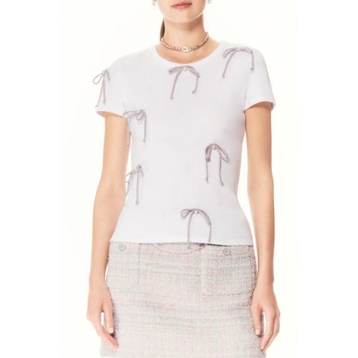 CHANEL PEARL BOW EMBELLISHED COTTON JERSEY T-SHIRT