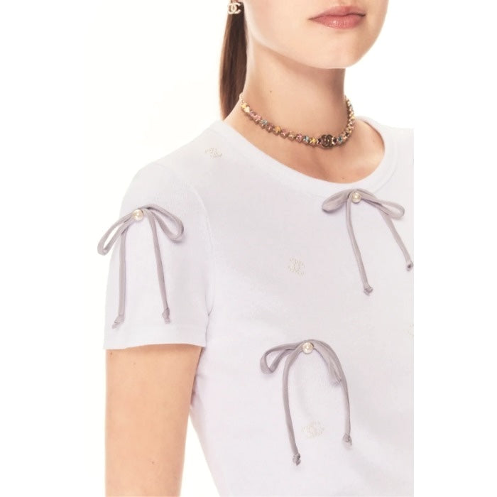 CHANEL PEARL BOW EMBELLISHED COTTON JERSEY T-SHIRT