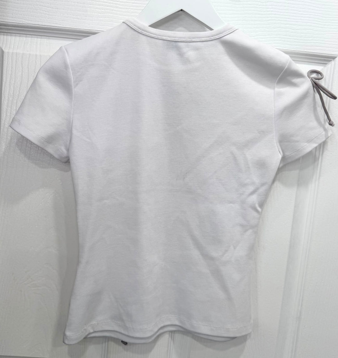 CHANEL PEARL BOW EMBELLISHED COTTON JERSEY T-SHIRT